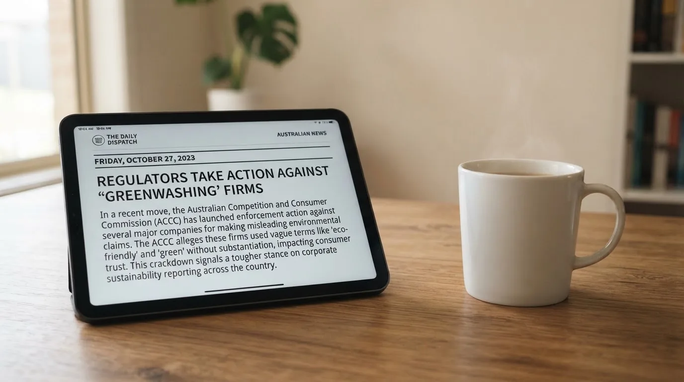 A tablet screen displaying an official regulator warning notice on a desk beside a coffee cup.