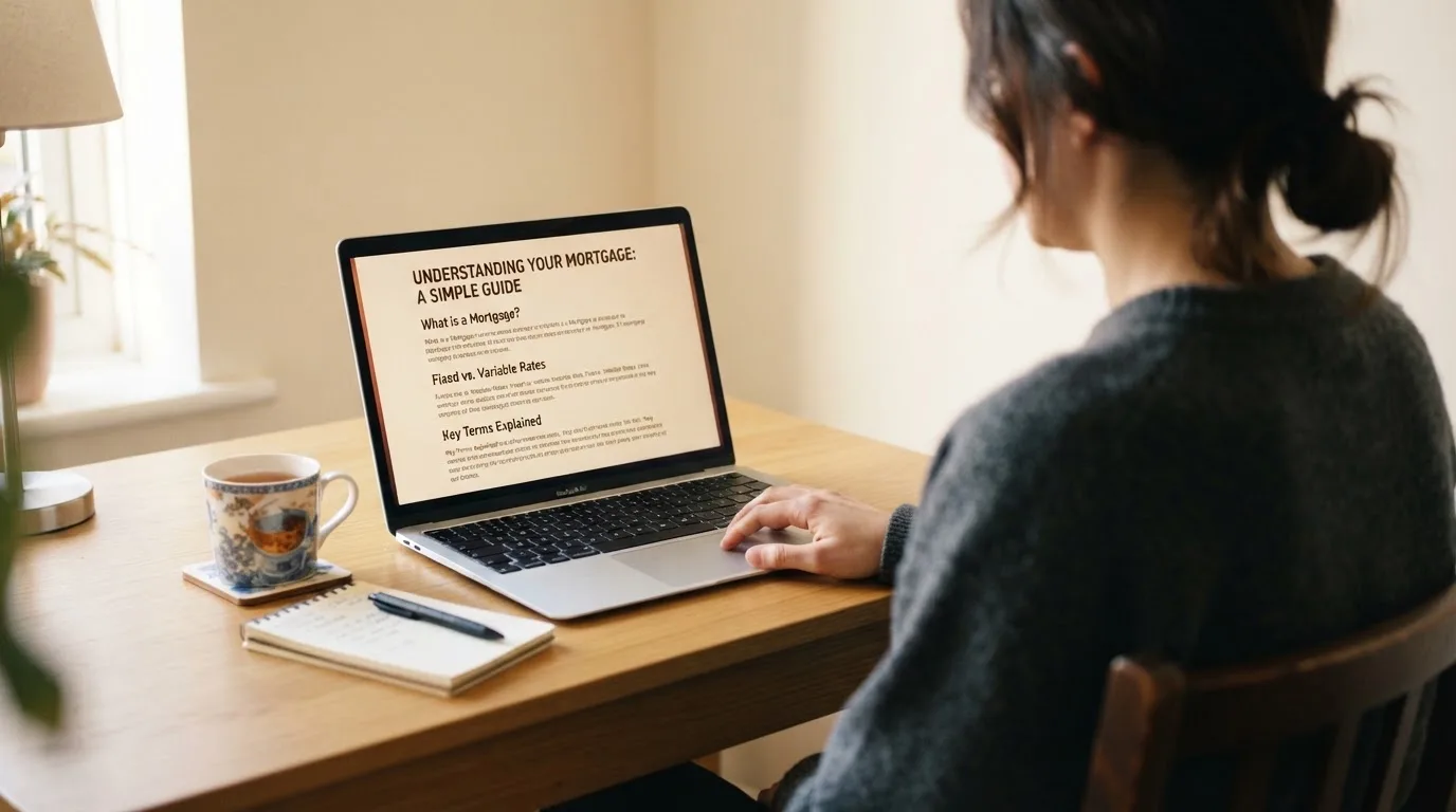 A person at a laptop reading a plain-language explainer article at a home desk.