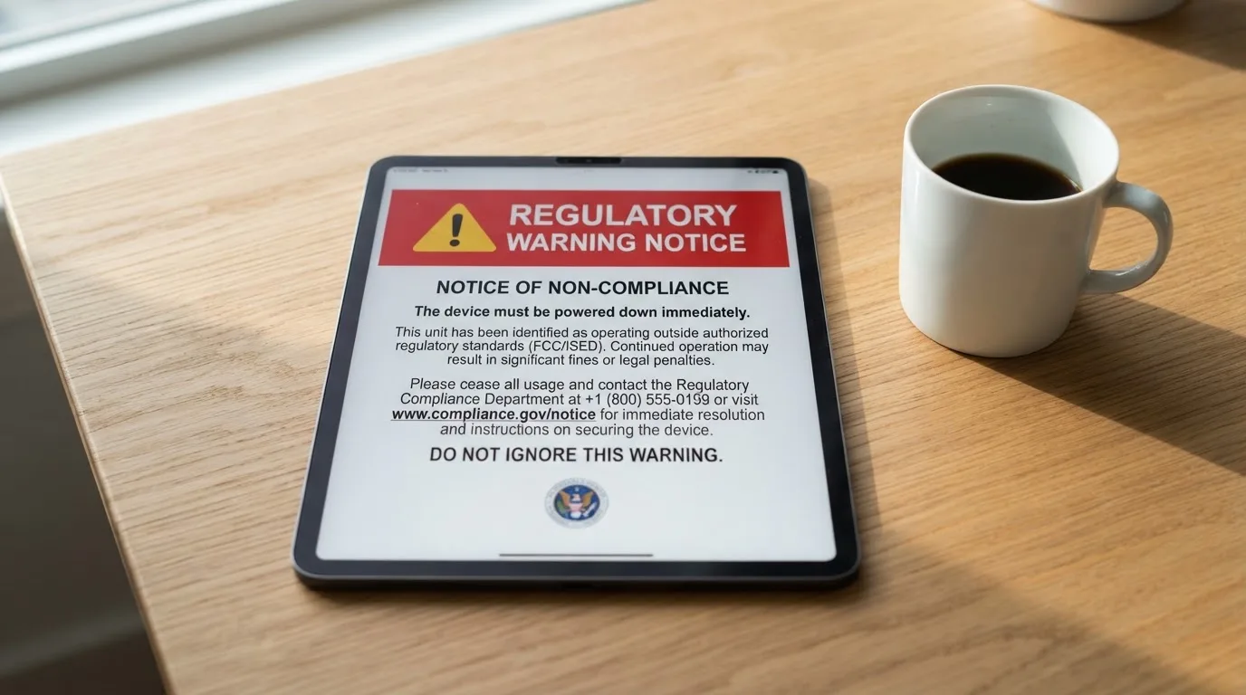 A tablet screen displaying an official regulator warning notice on a desk beside a coffee cup.