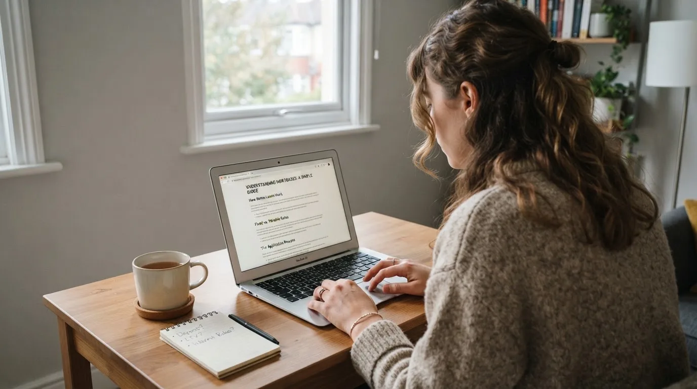 A person at a laptop reading a plain-language explainer article at a home desk.