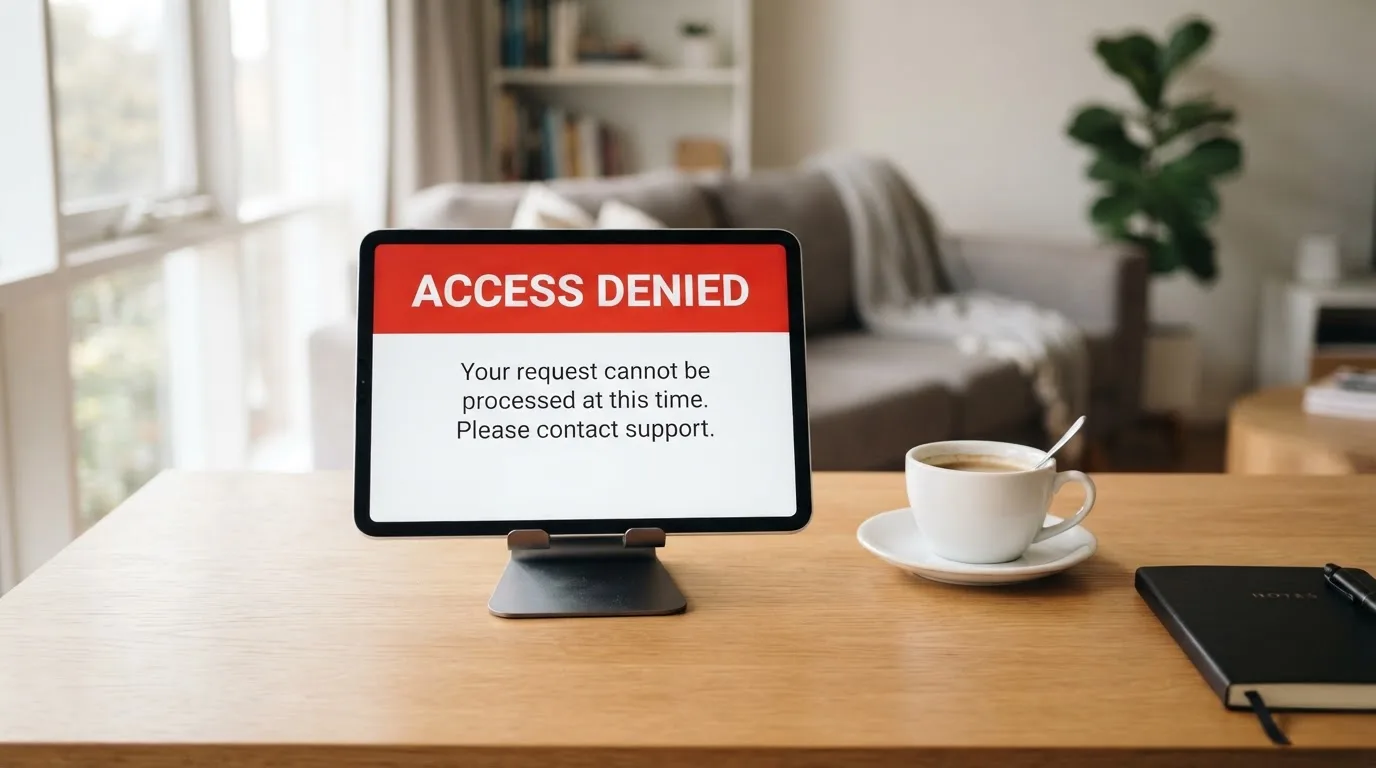A tablet screen displaying an official regulator warning notice on a desk beside a coffee cup.