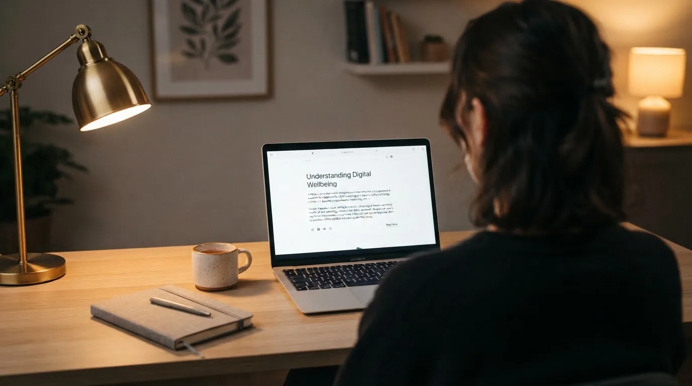 A person at a laptop reading a plain-language explainer article at a home desk.