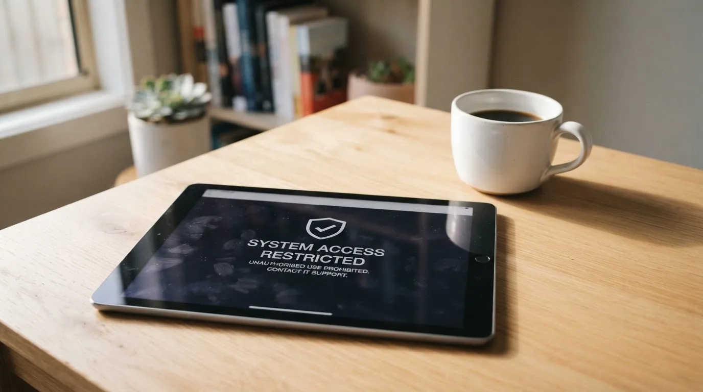 A tablet screen displaying an official regulator warning notice on a desk beside a coffee cup.