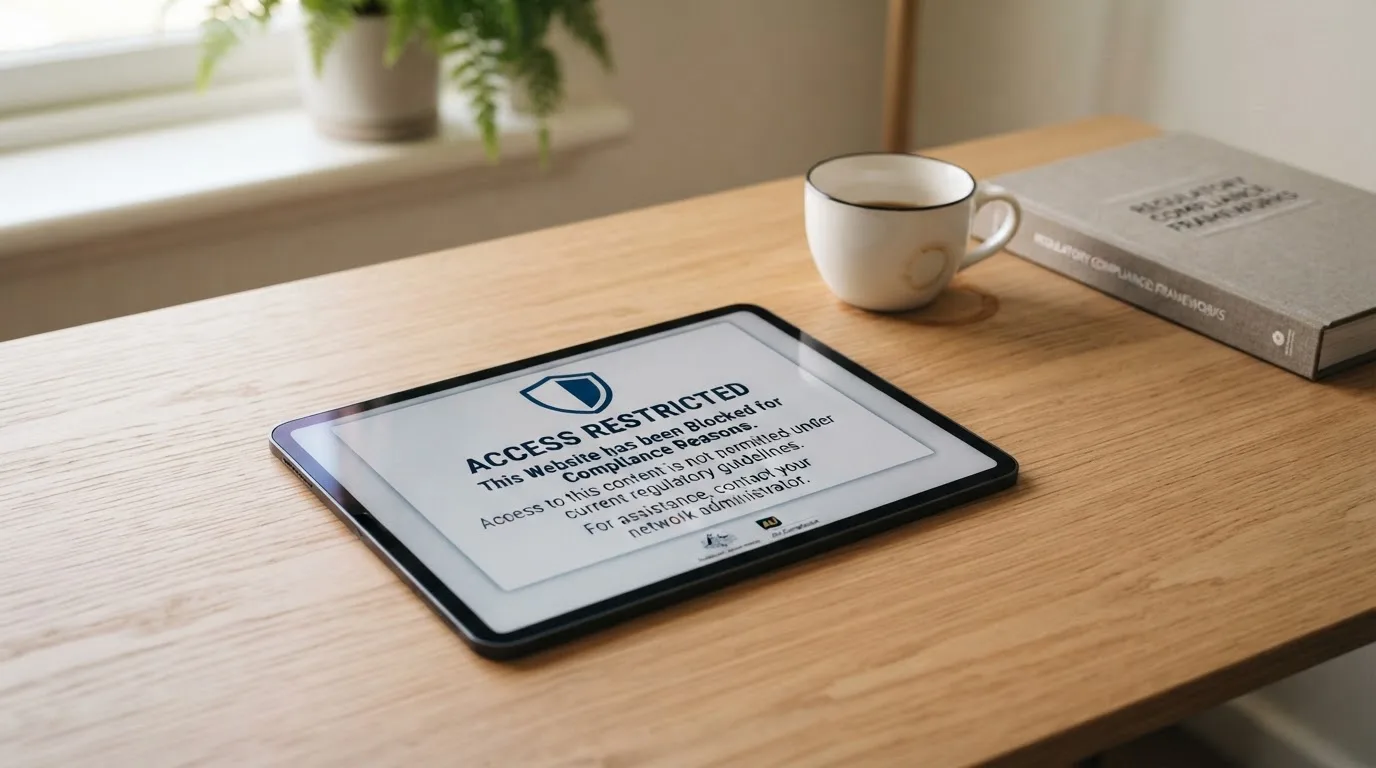 A tablet screen displaying an official regulator warning notice on a desk beside a coffee cup.