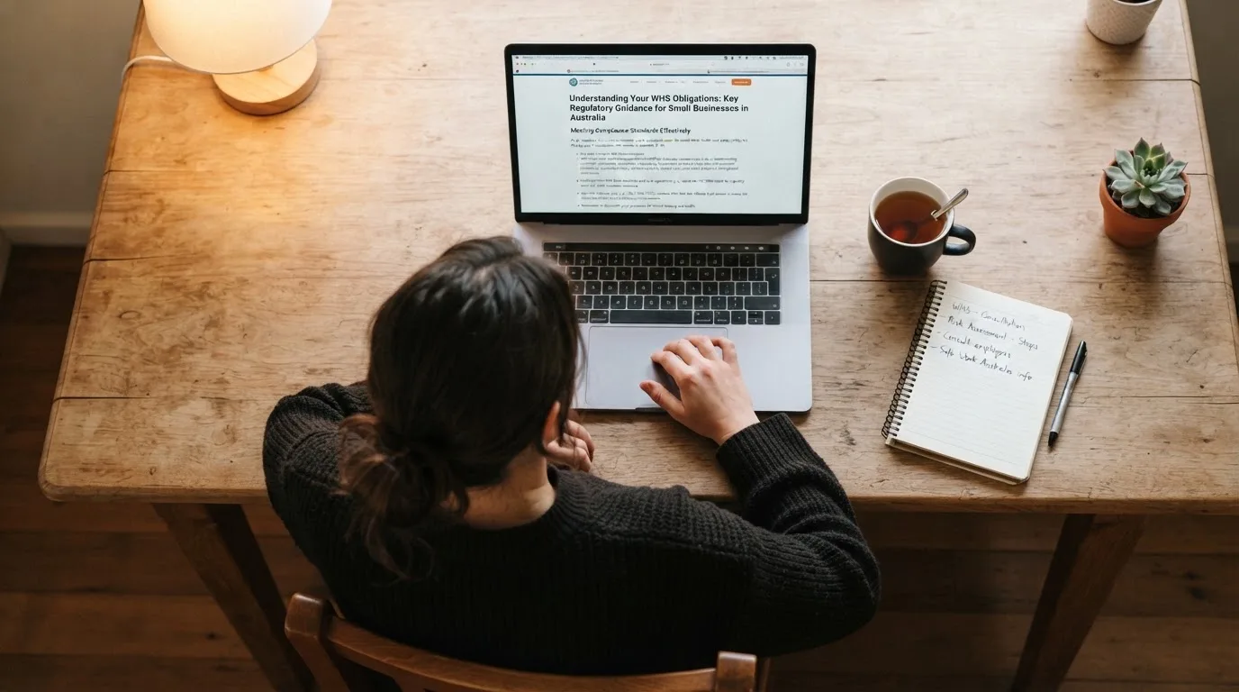 A person at a laptop reading a plain-language explainer article at a home desk.