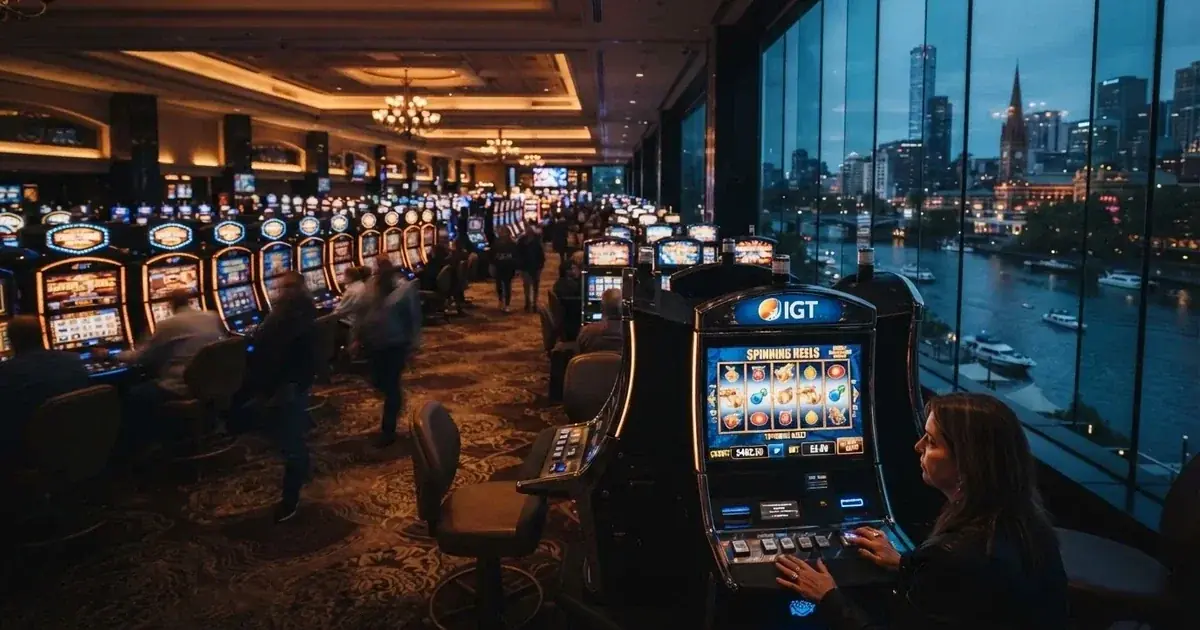 A gaming floor with rows of electronic machines beside the Yarra River in Melbourne.