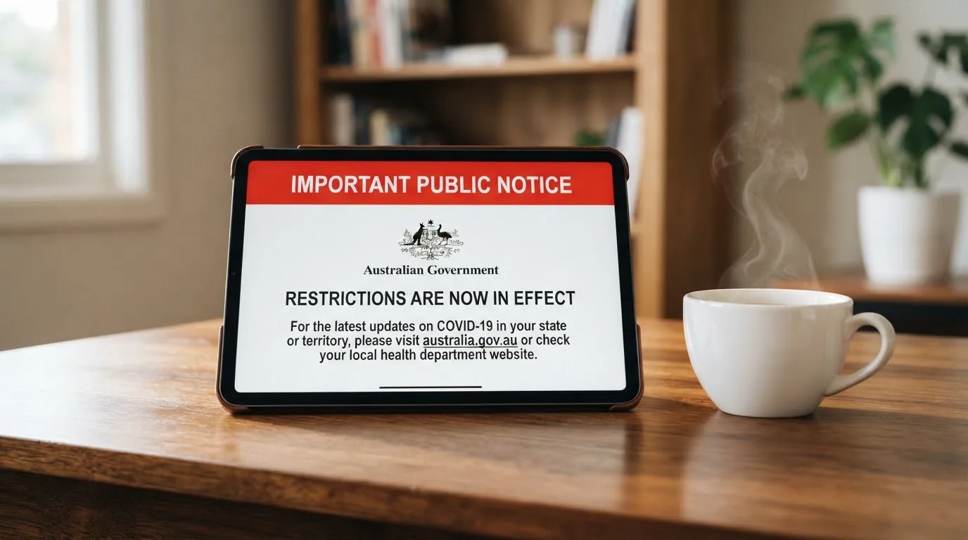 A tablet screen displaying an official regulator warning notice on a desk beside a coffee cup.