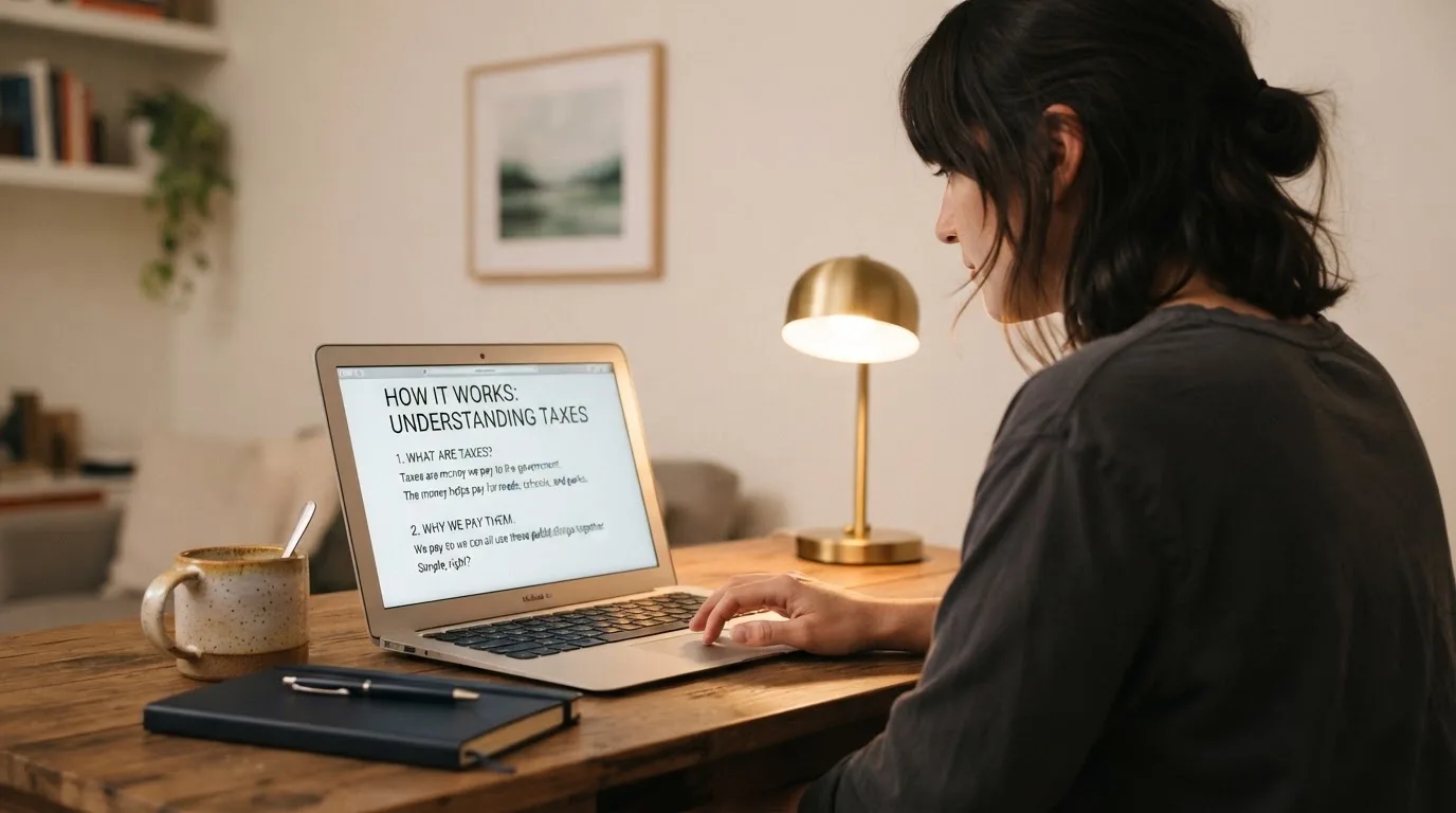A person at a laptop reading a plain-language explainer article at a home desk.