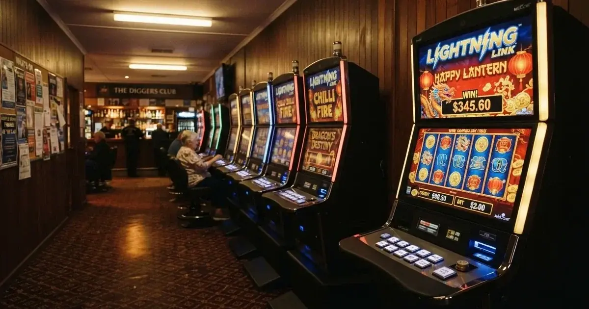 A row of gaming machines inside a suburban registered club in regional New South Wales.