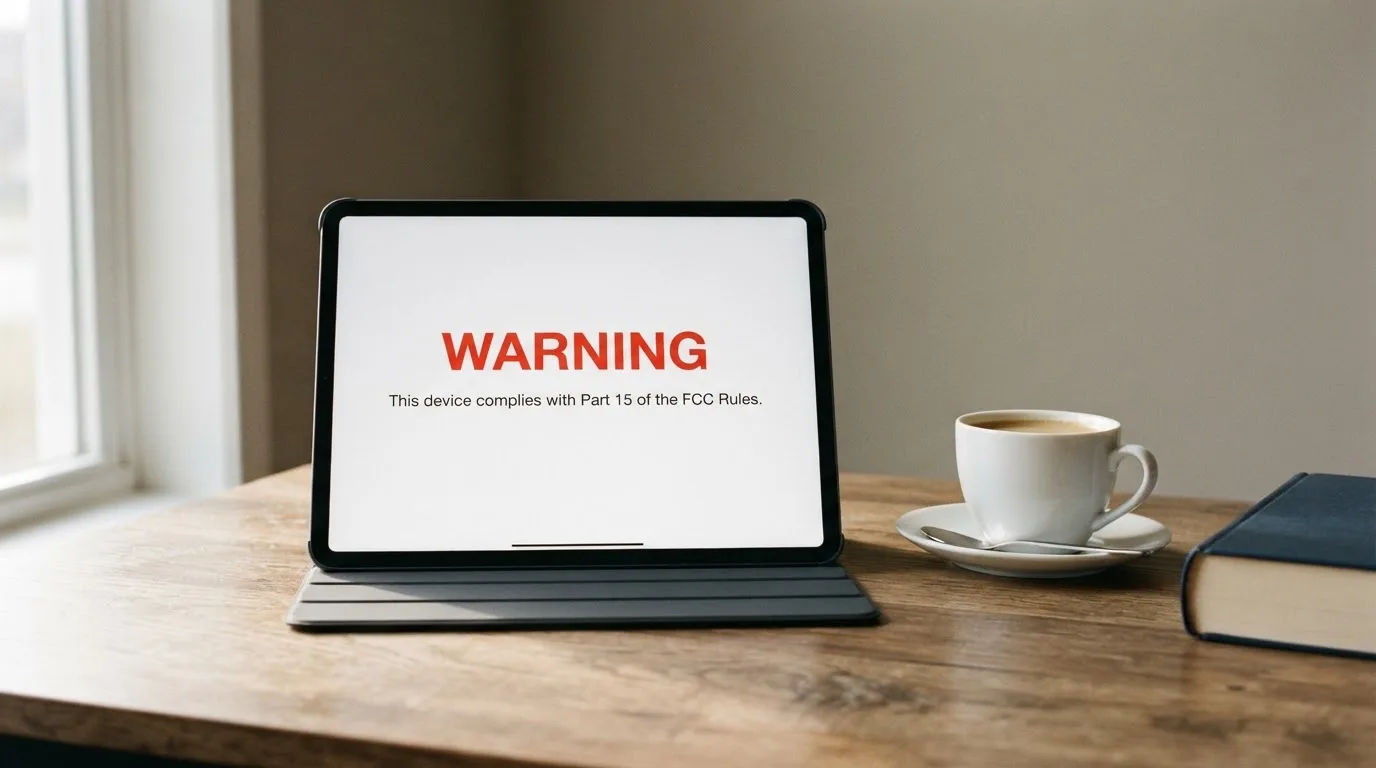 A tablet screen displaying an official regulator warning notice on a desk beside a coffee cup.