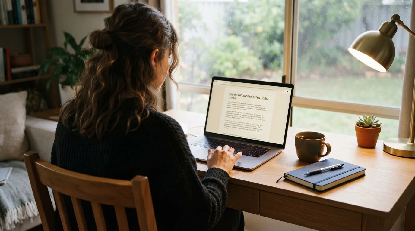 A person at a laptop reading a plain-language explainer article at a home desk.