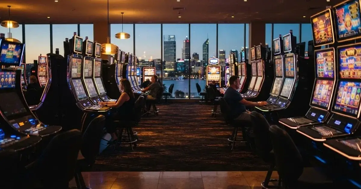 A casino resort gaming floor with rows of electronic machines in Perth.