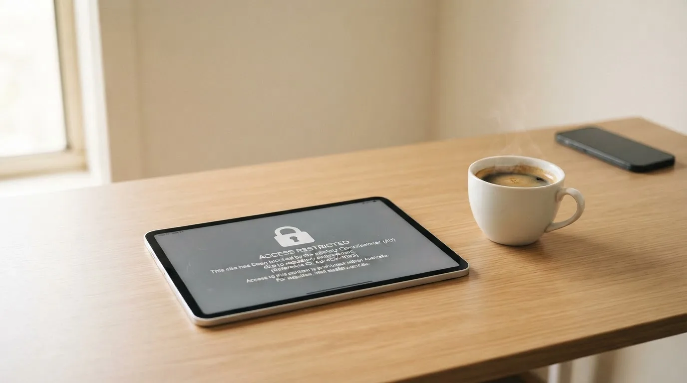 A tablet screen displaying an official regulator warning notice on a desk beside a coffee cup.