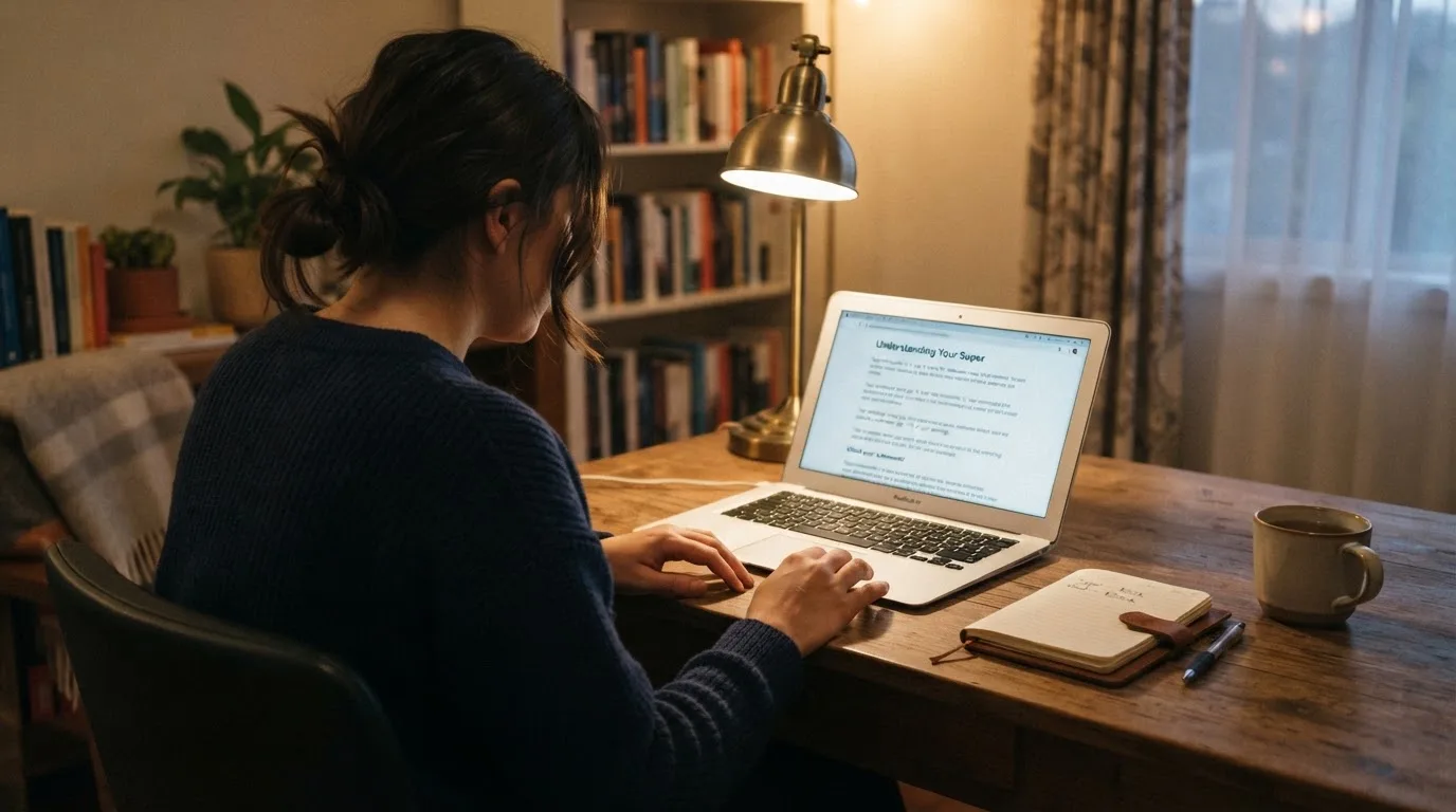 A person at a laptop reading a plain-language explainer article at a home desk.