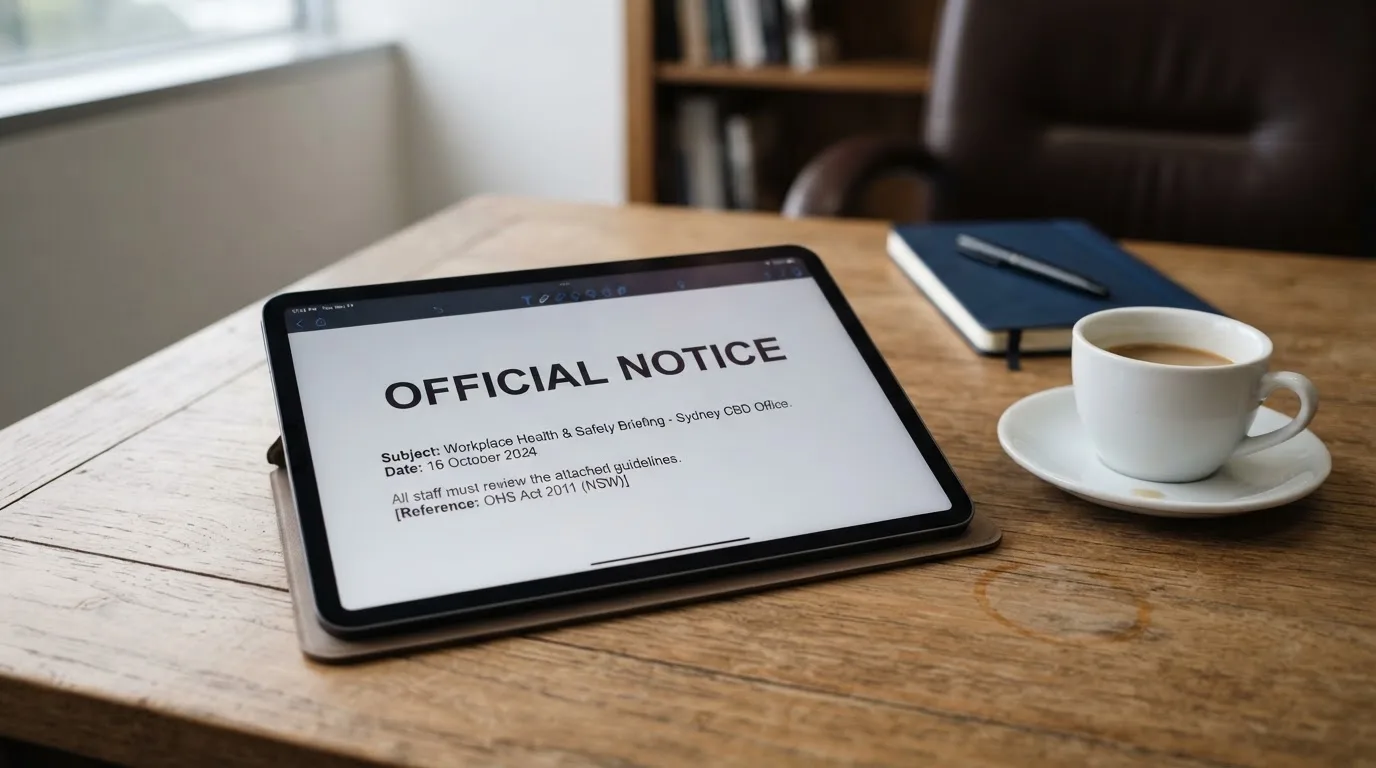 A tablet screen displaying an official regulator warning notice on a desk beside a coffee cup.