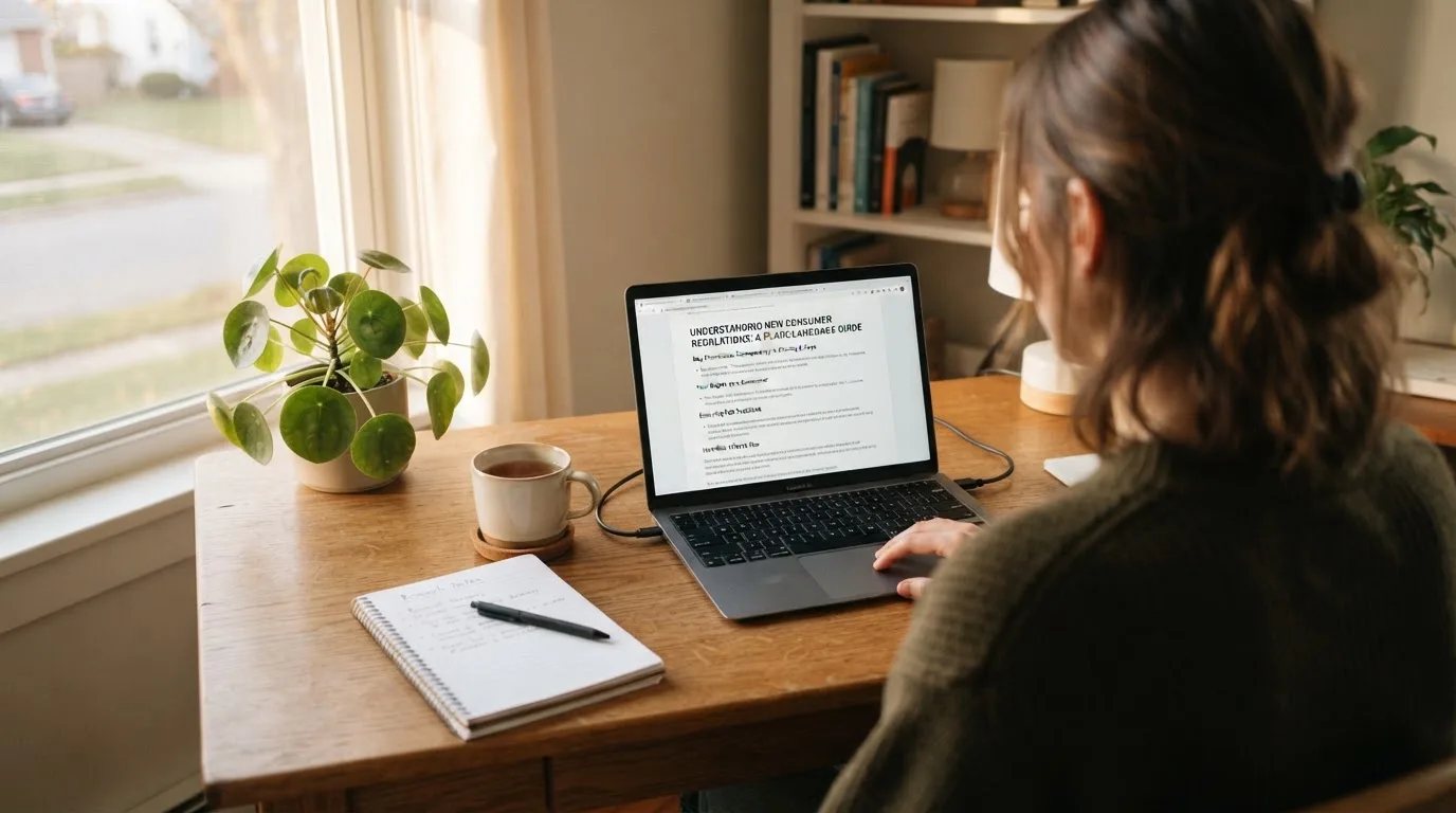 A person at a laptop reading a plain-language explainer article at a home desk.