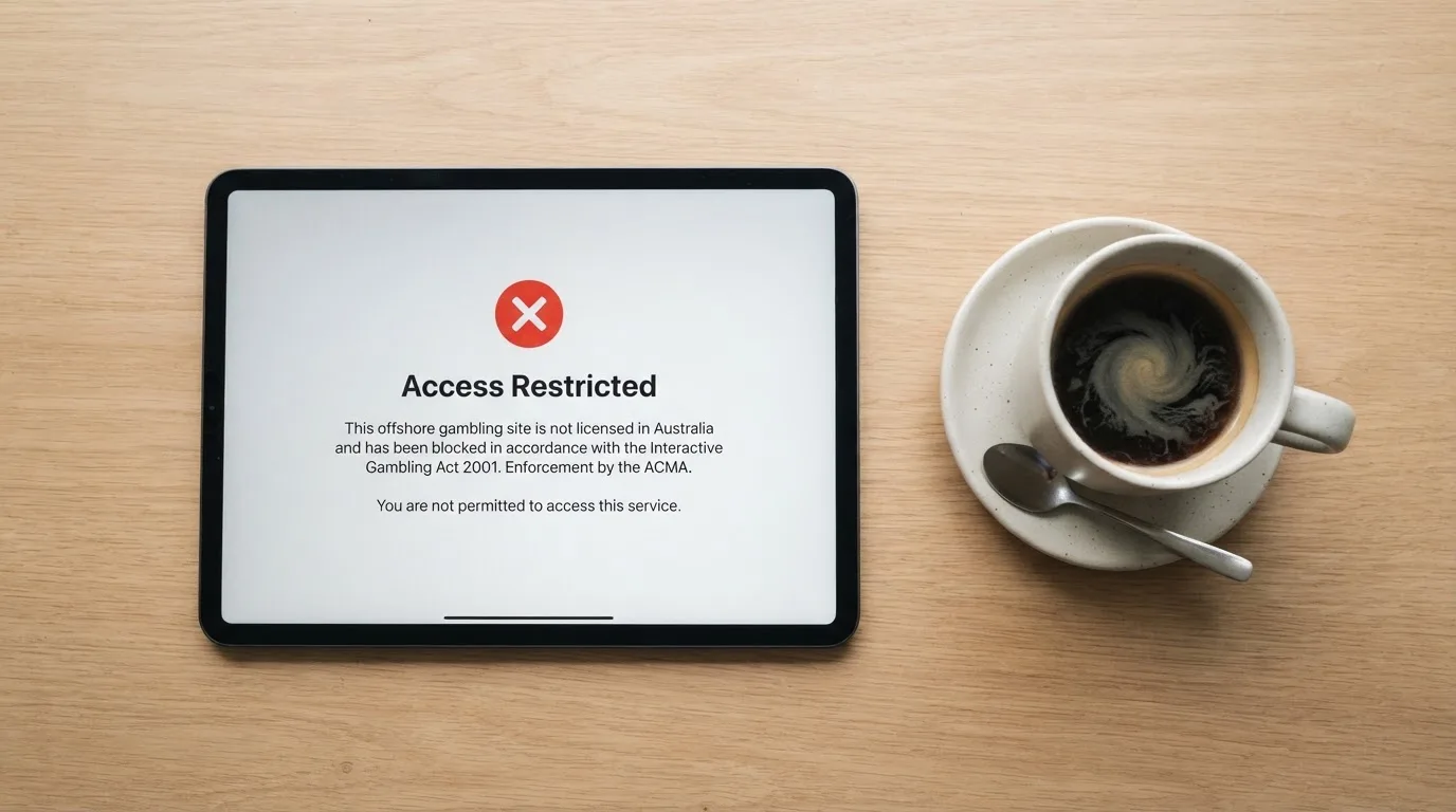 A tablet screen displaying an official regulator warning notice on a desk beside a coffee cup.