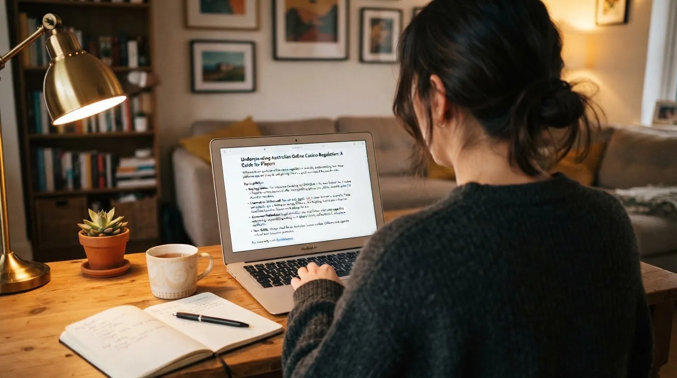 A person at a laptop reading a plain-language explainer article at a home desk.