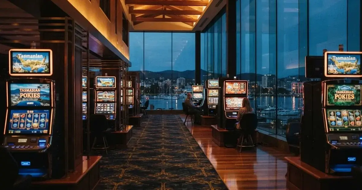 A quiet casino gaming floor inside a waterfront resort in Hobart.