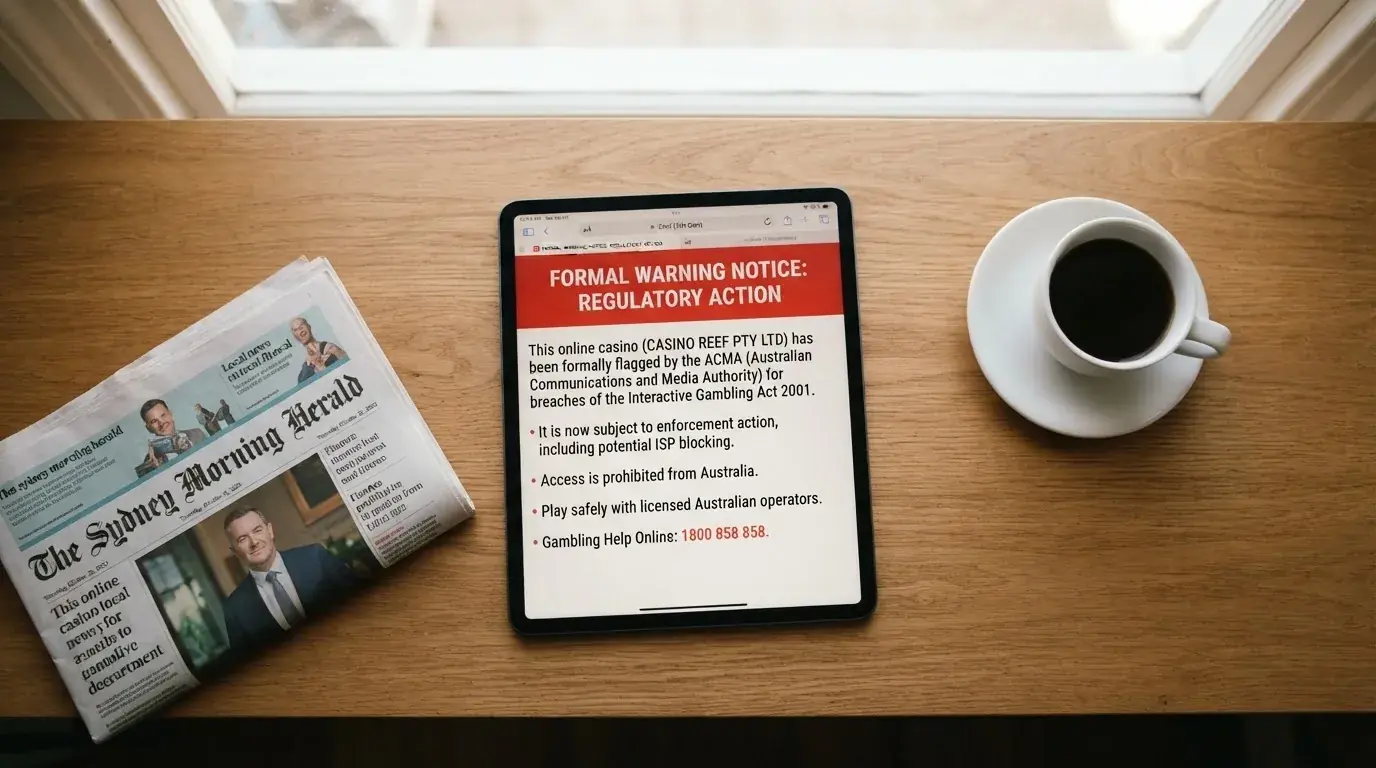 A tablet screen displaying an official regulator warning notice on a desk beside a coffee cup.