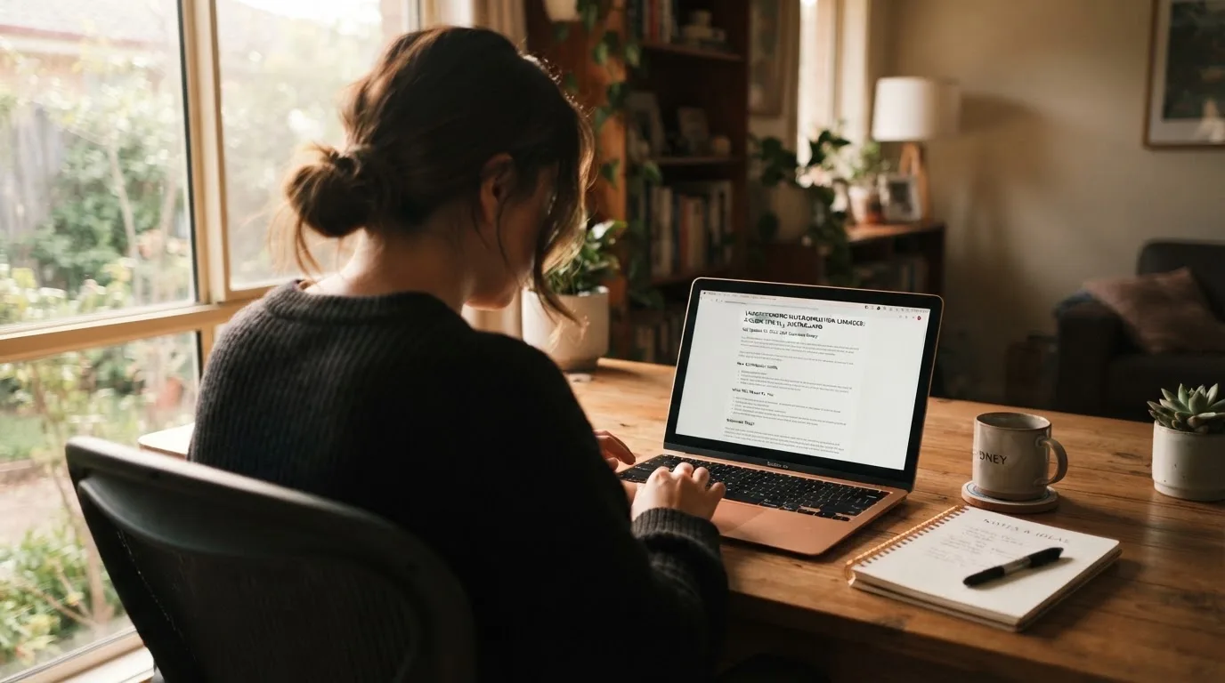 A person at a laptop reading a plain-language explainer article at a home desk.