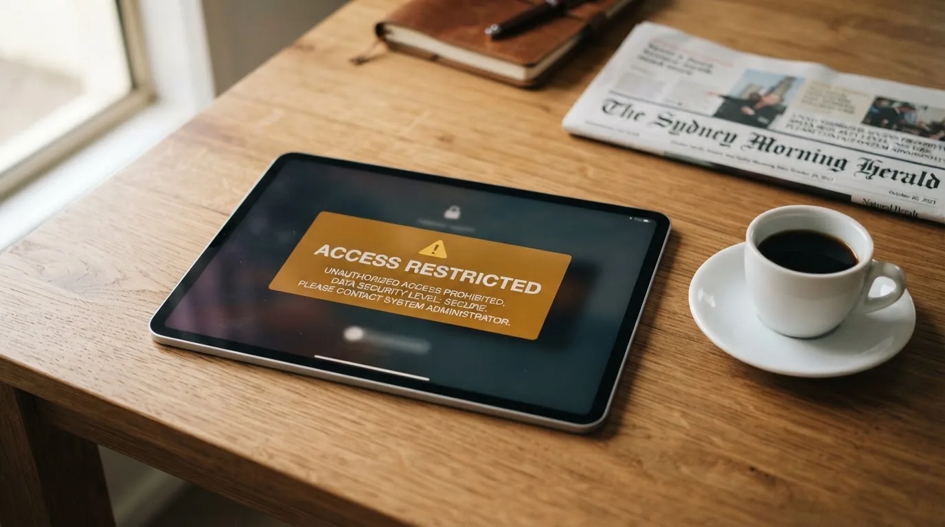 A tablet screen displaying an official regulator warning notice on a desk beside a coffee cup.