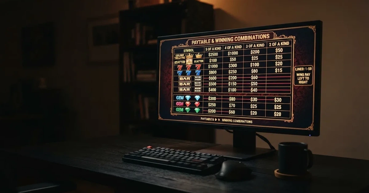 A slot machine's paytable screen glowing on a monitor in a dim room.