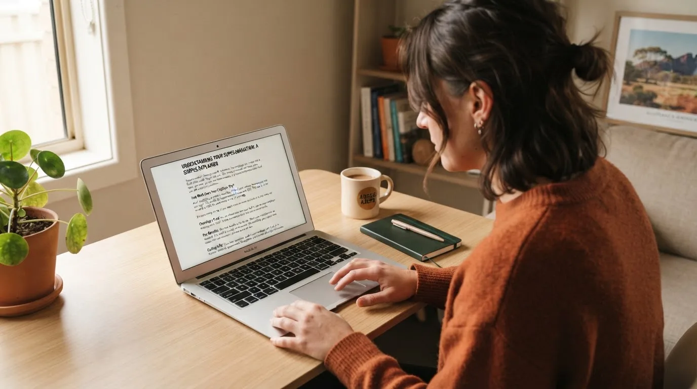 A person at a laptop reading a plain-language explainer article at a home desk.