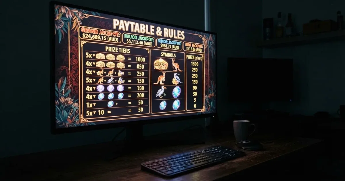 A slot machine's paytable screen glowing on a monitor in a dim room.