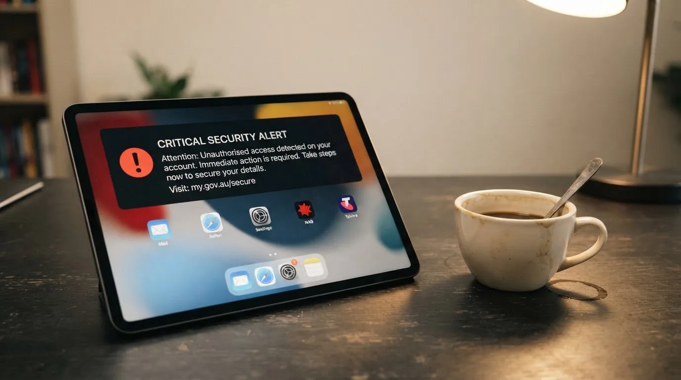 A tablet screen displaying an official regulator warning notice on a desk beside a coffee cup.