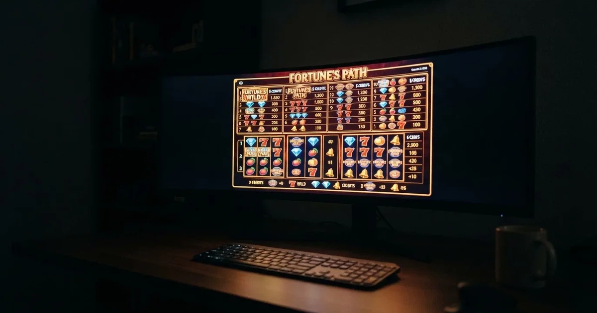 A slot machine's paytable screen glowing on a monitor in a dim room.