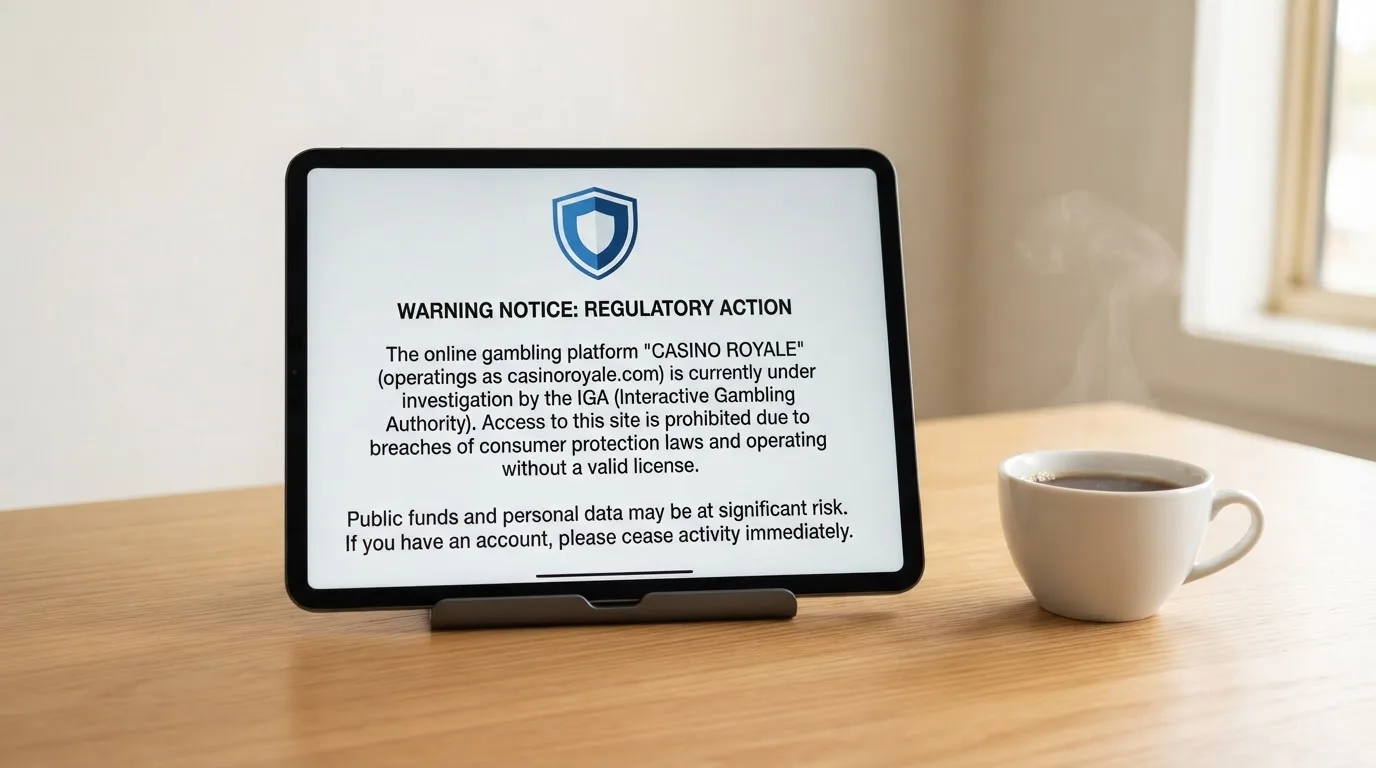 A tablet screen displaying an official regulator warning notice on a desk beside a coffee cup.