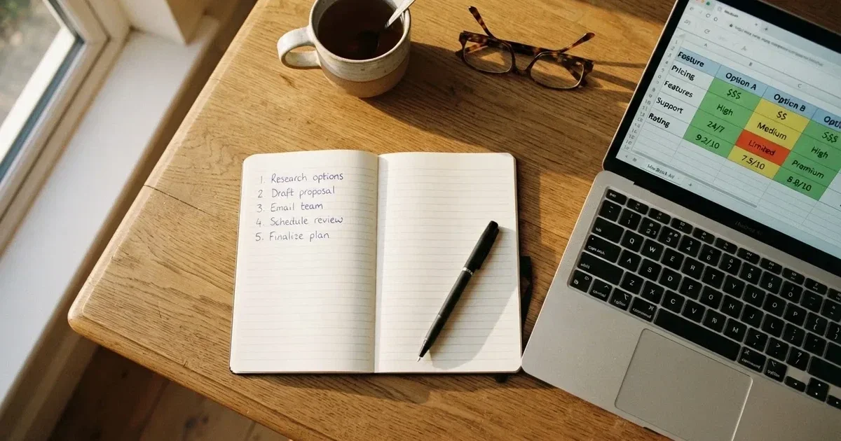 A notepad with a handwritten shortlist beside a laptop showing a comparison table.