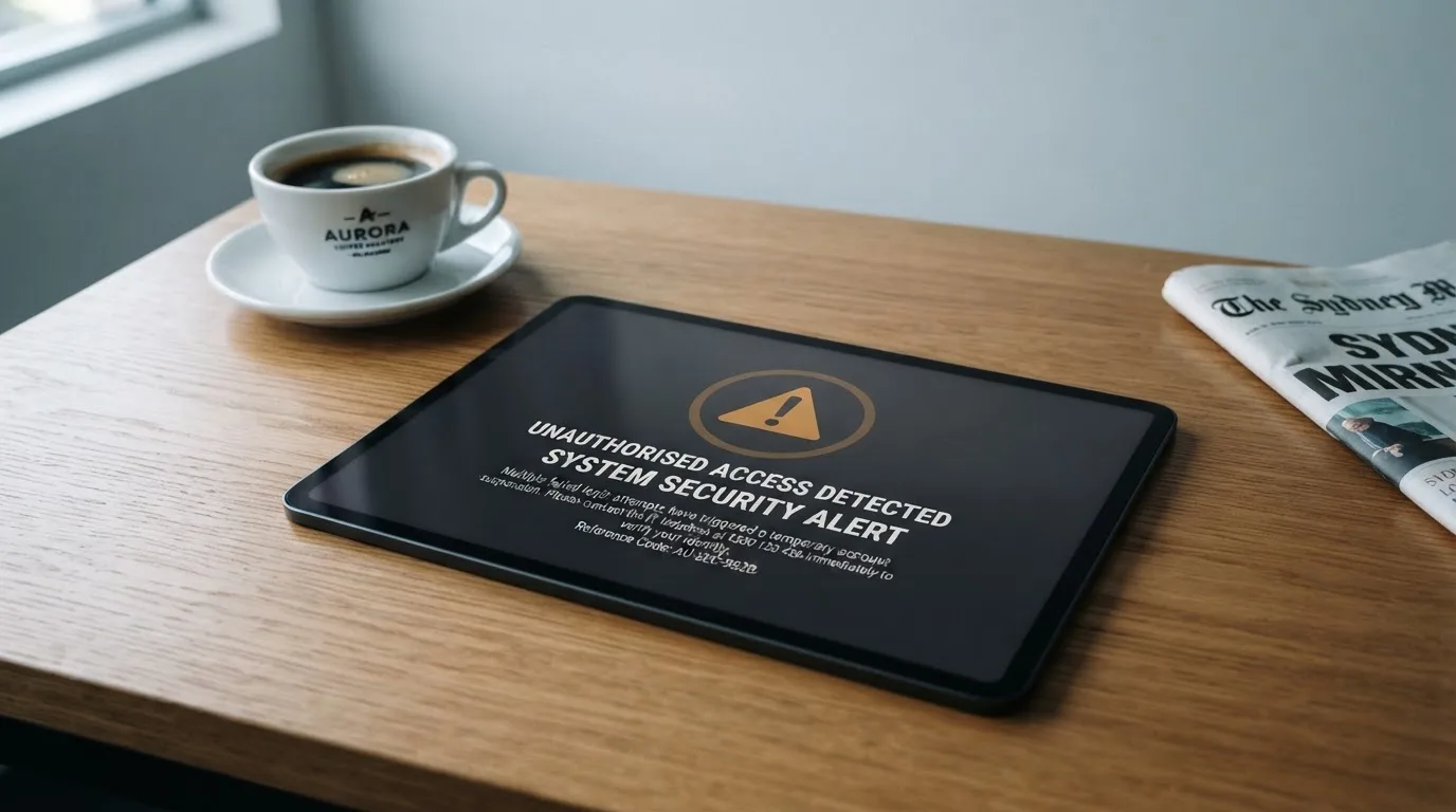 A tablet screen displaying an official regulator warning notice on a desk beside a coffee cup.