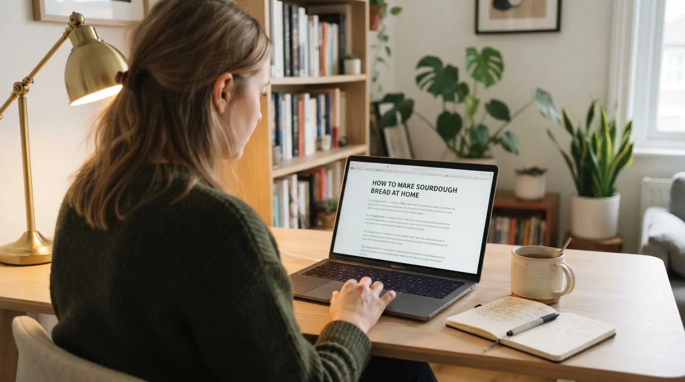 A person at a laptop reading a plain-language explainer article at a home desk.