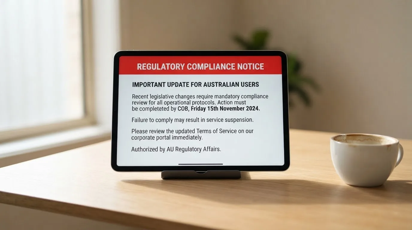 A tablet screen displaying an official regulator warning notice on a desk beside a coffee cup.