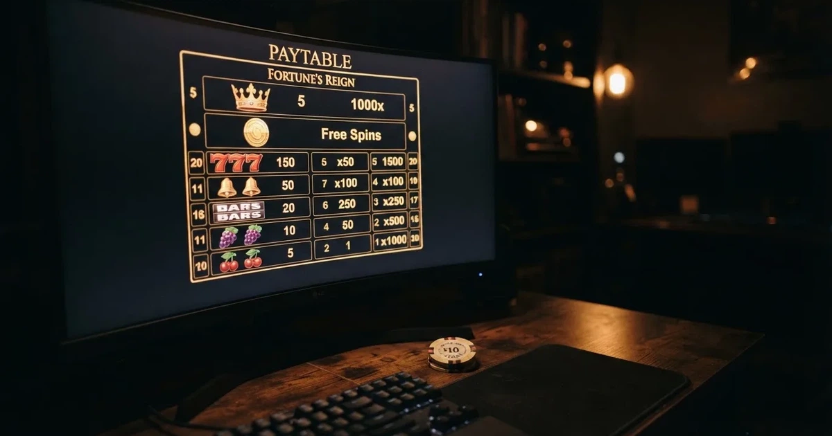 A slot machine's paytable screen glowing on a monitor in a dim room.