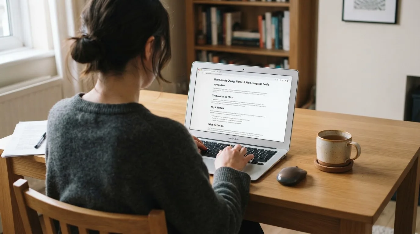 A person at a laptop reading a plain-language explainer article at a home desk.