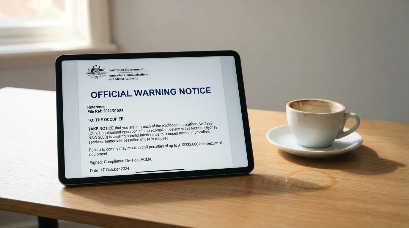 A tablet screen displaying an official regulator warning notice on a desk beside a coffee cup.