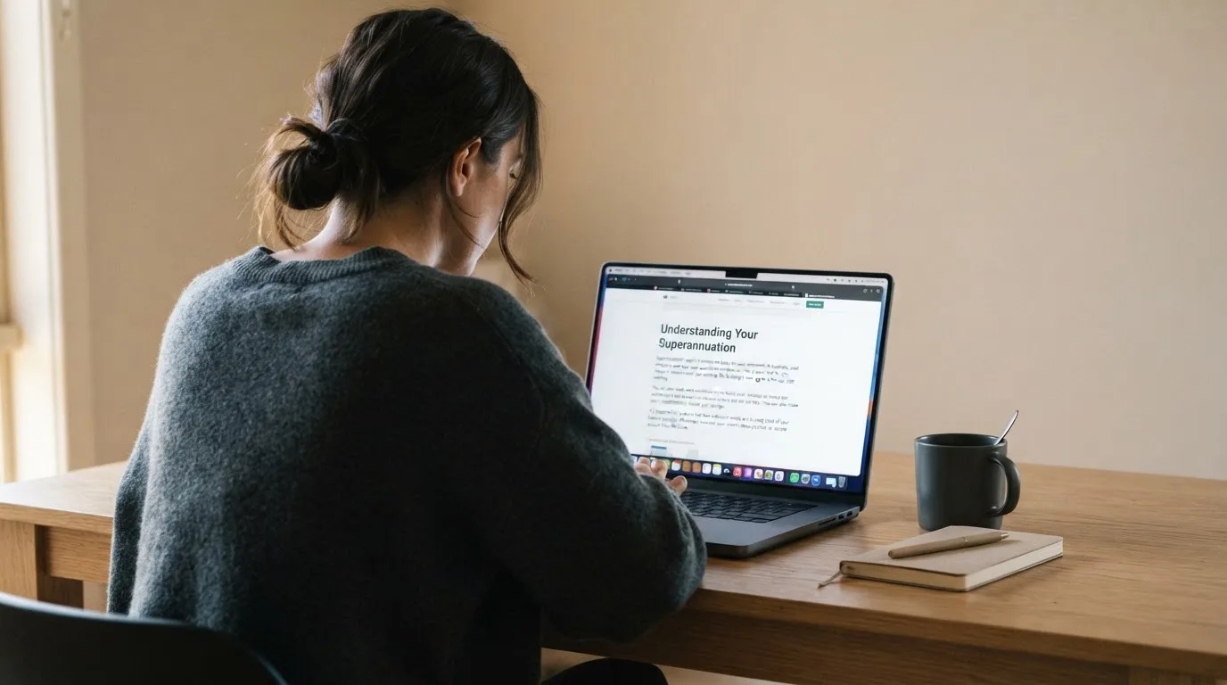 A person at a laptop reading a plain-language explainer article at a home desk.