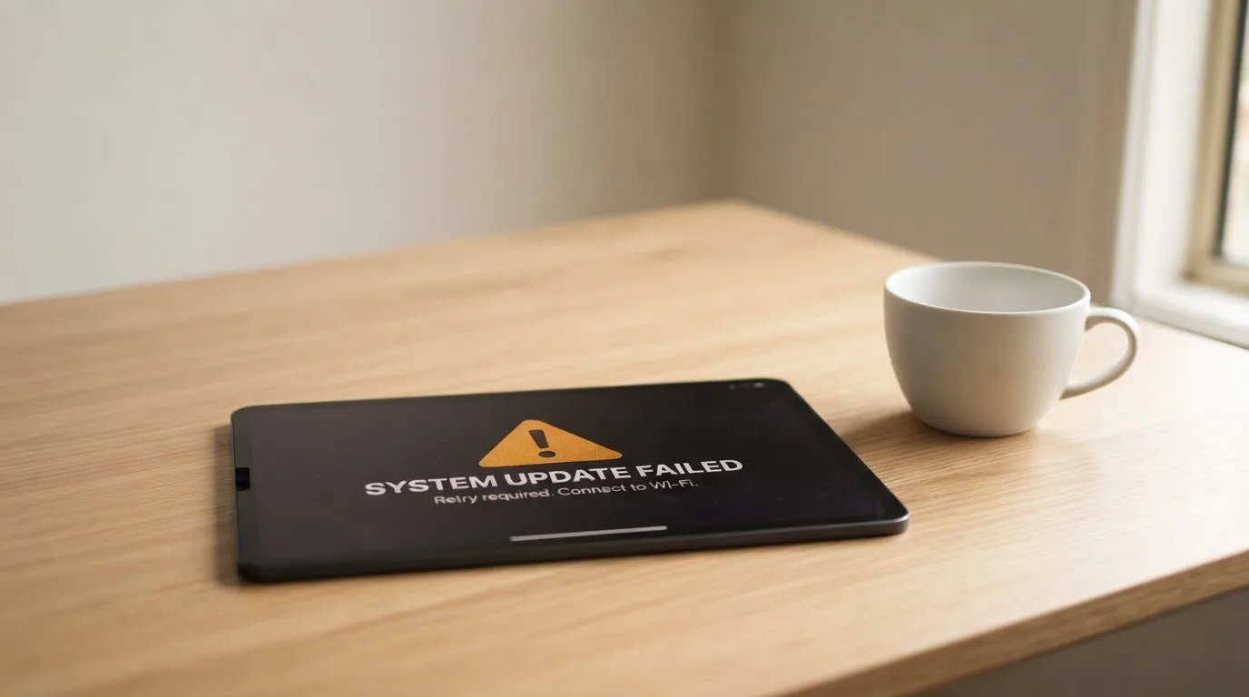 A tablet screen displaying an official regulator warning notice on a desk beside a coffee cup.