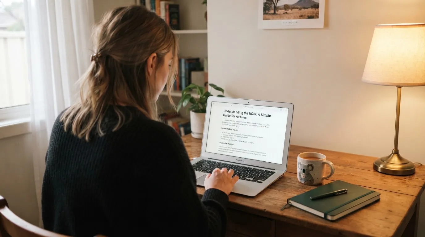 A person at a laptop reading a plain-language explainer article at a home desk.