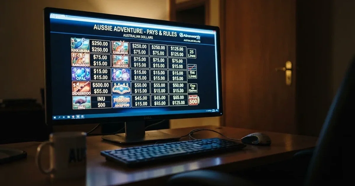 A slot machine's paytable screen glowing on a monitor in a dim room.