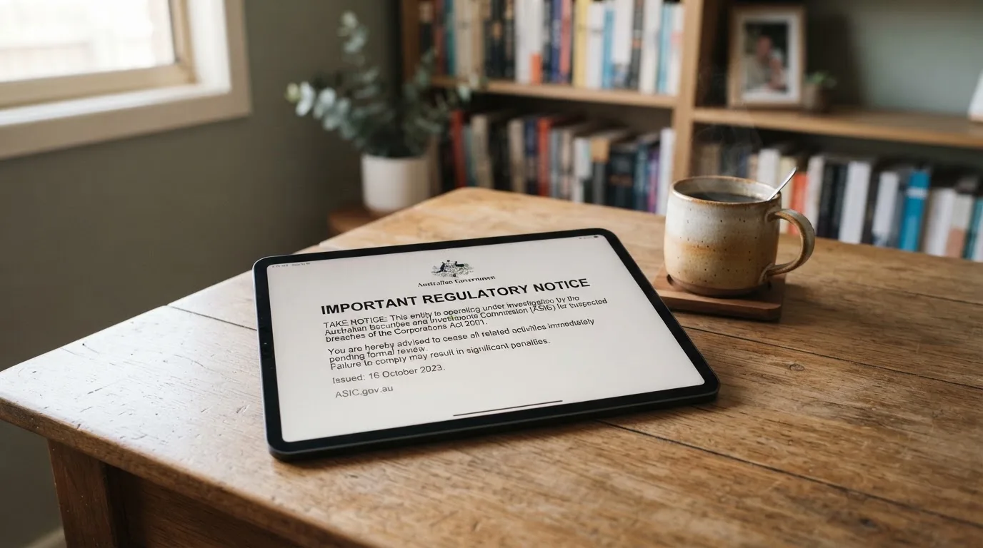 A tablet screen displaying an official regulator warning notice on a desk beside a coffee cup.