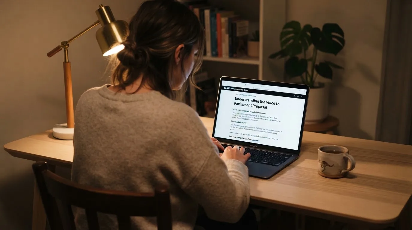 A person at a laptop reading a plain-language explainer article at a home desk.