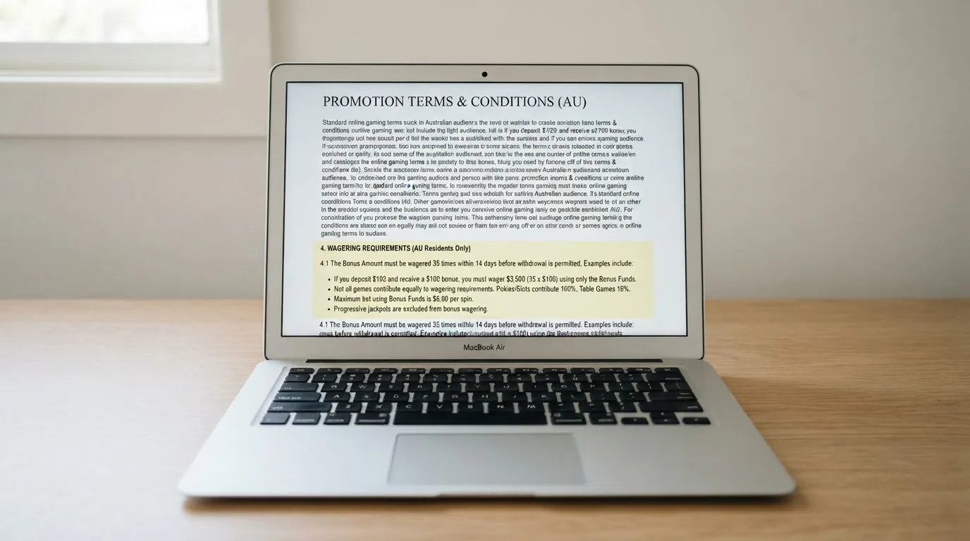 A laptop screen showing a terms-and-conditions page with wagering requirements highlighted.