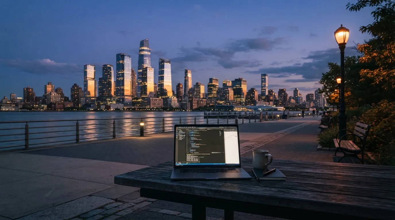 A wide shot of a city skyline at dusk with a laptop open on a nearby table.
