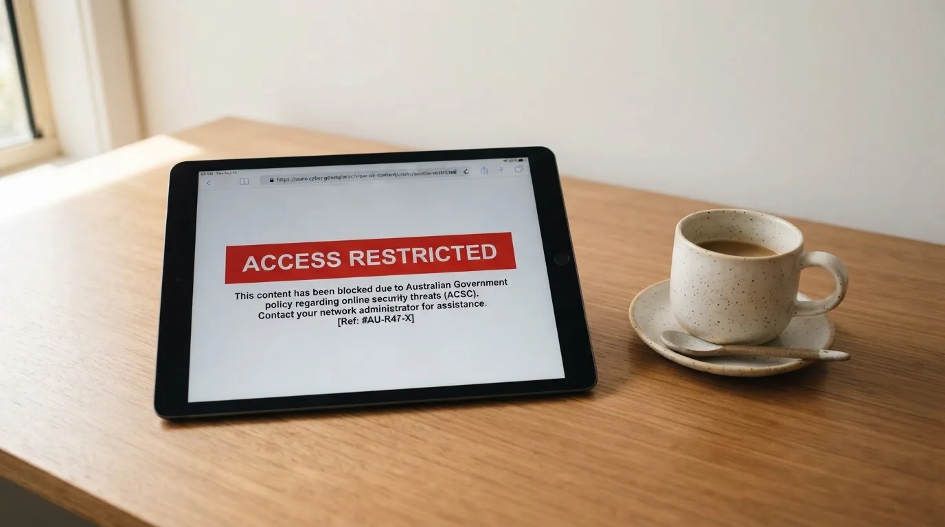 A tablet screen displaying an official regulator warning notice on a desk beside a coffee cup.