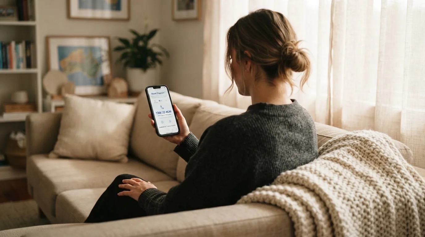 A person looking at a support helpline page on a phone while sitting on a couch.