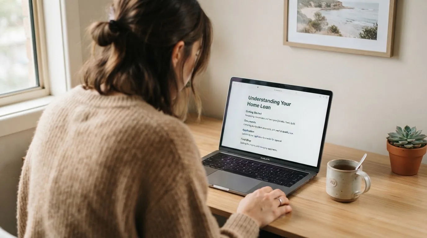 A person at a laptop reading a plain-language explainer article at a home desk.